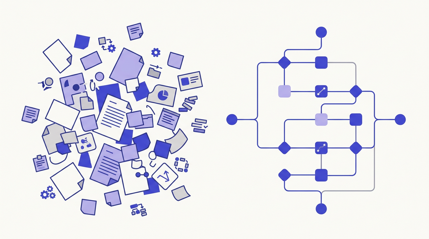 Vlakke editorial illustratie waarin rommelige handmatige taken overgaan in een geordende geautomatiseerde processtroom, in indigo en lavendel op gebroken wit