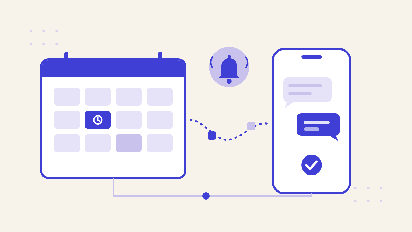 Vlakke illustratie in indigo en lavendel: een kalender met een gemarkeerde afspraak, een bel en een telefoon met berichten en een vinkje